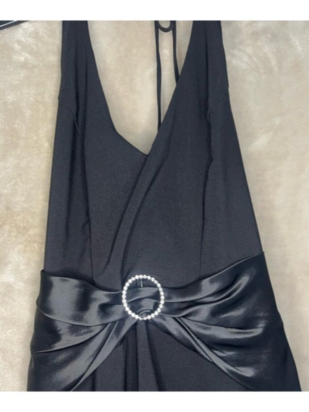 B. Darlin Black Halter Vintage Y2K Tie Back Satin Evening Dress Rhinestone Vneck - Picture 10 of 16